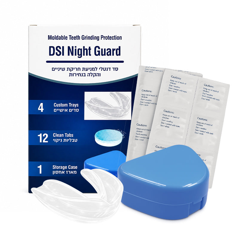 סד דנטלי למניעת חריקת שיניים והקלה בנחירות 4 יח וטבליות ניקוי Night Guard Moldable Teeth Grinding Protection